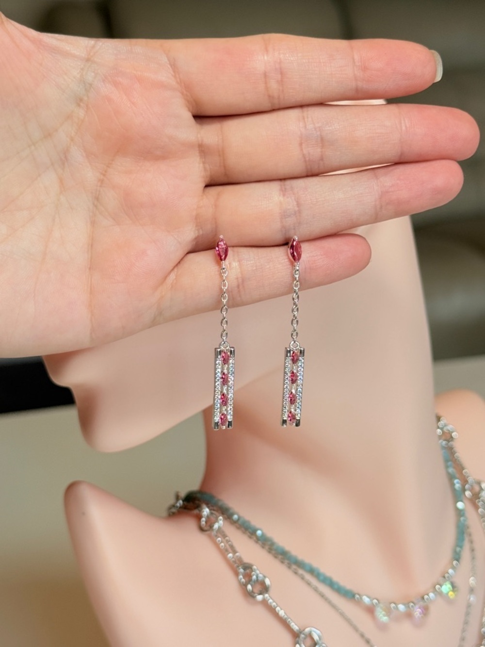 Silver Drop Earrings with Pink Stones